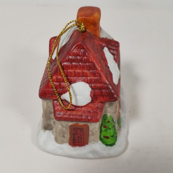 Vintage Ceramic Christmas Cottage With Bells Ornament Set - Picture 3 of 16